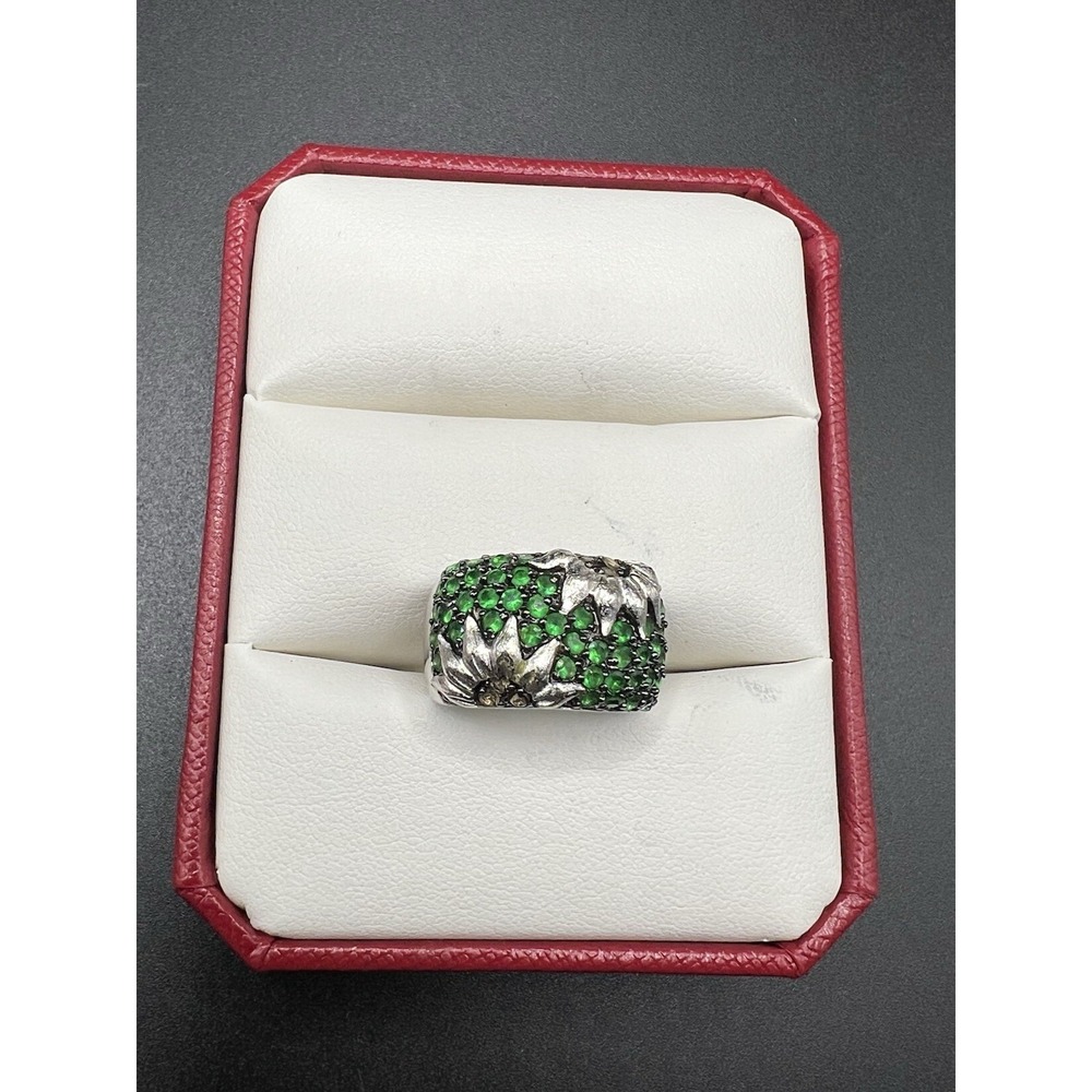 Sterling Silver Green CZ Floral Wide Band Ring Size 7 1/2
